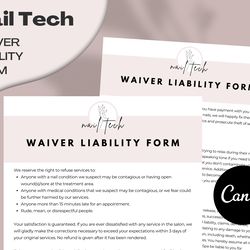 waiver form nail, nail technician liability, nail consent form, editable in canva