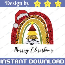 merry christmas rainbow sublimation design png, leopard rainbow christmas png design, christmas tree cheetah,digital dow