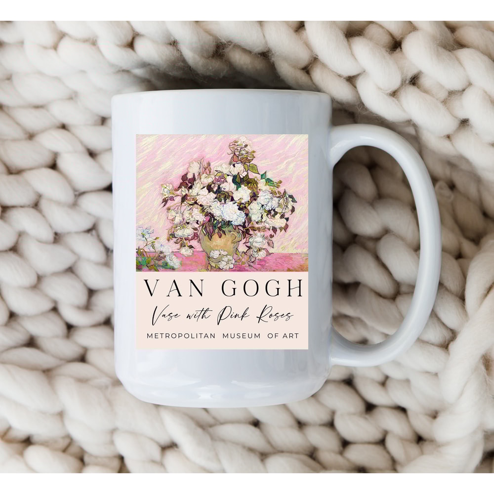 Van Gogh Vase Mug Pink Roses Coffee Mug Gift for Her French Artist Vintage Art Van Gogh Painting 1.jpg