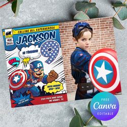 captain america 9th birthday invitation with photo, captain america birthday invitation canva editable instant download.