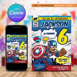 captain america boy birthday invitation, captain america any age birthday invitation canva editable instant download.