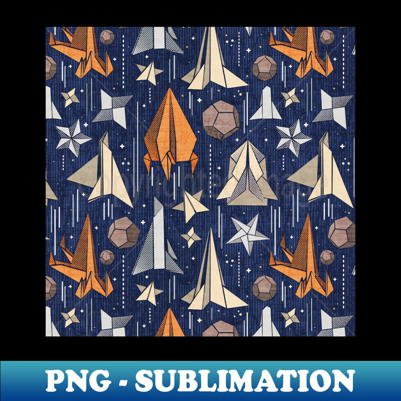 LX-20231114-17443_Reaching for the stars pattern navy blue background ivory grey brown and orange origami paper asteroids stars and space ships traveling ligh