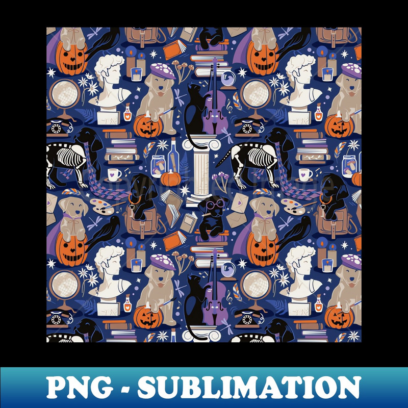 OK-20231114-12926_Labracadabrador halloween magic puppies pattern catalina blue background electric blue orchid and lilac details black and yellow Labrador Re