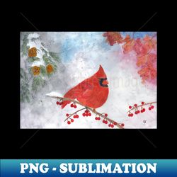 winter cardinal on snowy branch with red berries pine branch late autumn leaves - png transparent sublimation design - defying the norms