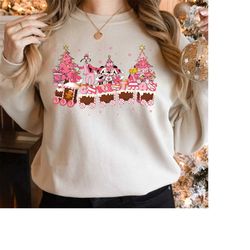retro mickey and friends pink christmas tree sweatshirt, retro disney pink christmas shirt, christmas friends shirt, dis