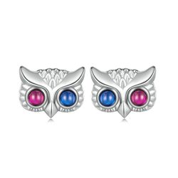Owl head earrings, Sterling silver stud with glass, Bird lover gift, Barn owl head