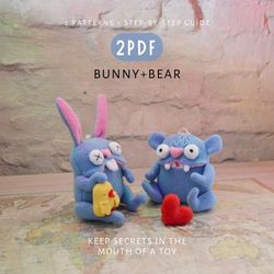 Bunny and Bear - two adorable PDF files with toy sewing patterns and step-by-step tutorials. Instantly downloadable.