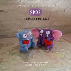 Bear and Elephant - 2 PDF set. Cute toy sewing patterns and DIY guide. Instant download. Digital templates.