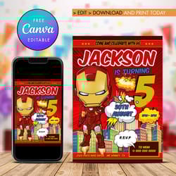 iron man birthday invitation, iron man any age birthday invitation canva editable instant download.