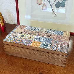 wooden tea box with compartments. spanish tiles immitation decor. rustic design tea bags box.