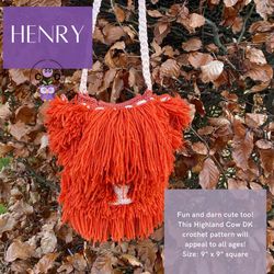 henry the highland cow shoulder bag crochet pattern. handbag crochet tutorial.