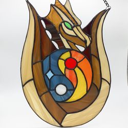 Stained Glass Dragon Suncatcher, Sun and Moon Yin Yang Glass Ornament, Window Hanging Panel, Unique Unusual Gift