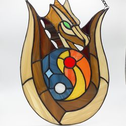 stained glass dragon suncatcher, sun and moon yin yang glass ornament, window hanging panel, unique unusual gift
