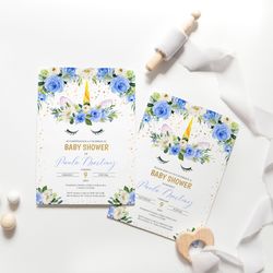 spanish unicorn invitation, spanish english baby shower invitation blue unicorn baby shower invitation editable corjl