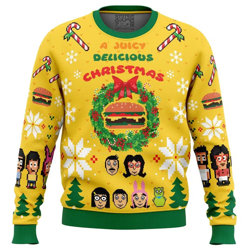 A Juicy Delicious Christmas Bob's Burgers Ugly Hoodie 3D Zip Hoodie 3D Ugly Christmas Sweater 3D Fleece Hoodie