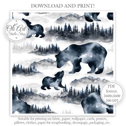 Mam Bear. Forest. Seamless Pattern for Graphic Design, Digital Download, Scrapbooking and Crafting Projects. Sublimation