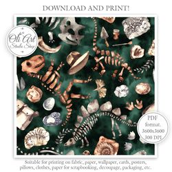 Dinosaurs. Fossils. Seamless Pattern for Graphic Design, Digital Download, Scrapbooking and Crafting Projects