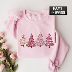 pink tree christmas sweater, christmas sweatshirt, christmas crewneck, holiday sweaters for women, winter sweatshirt