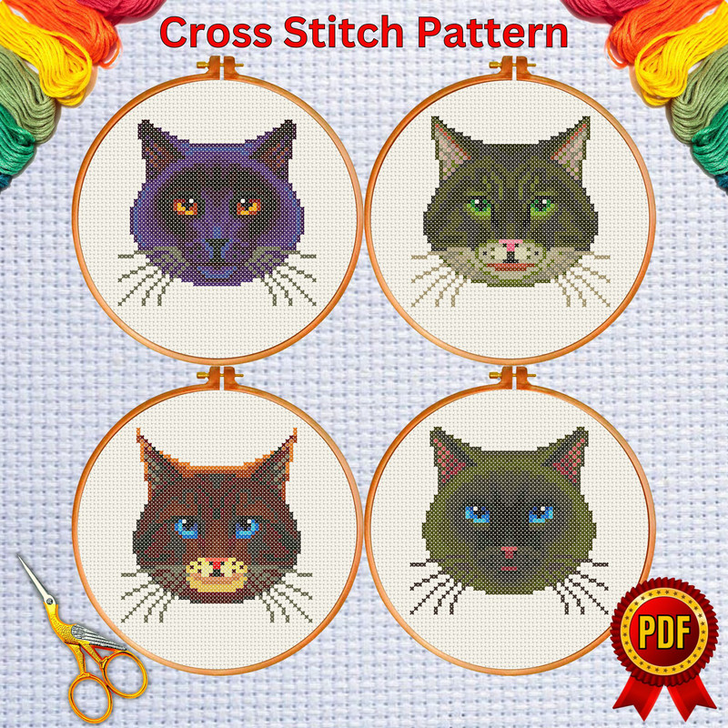 Set of 4 Cute Cats Face Cross Stitch Pattern  4.jpg