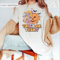 trick or treat halloween t-shirts, floral pumpkin shirt, funny halloween shirt, halloween party tee, spooky season