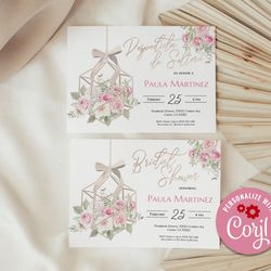 pink floral spanish bridal shower invitation, bridal shower invitation, despedida de soltera invitacion editable corjl