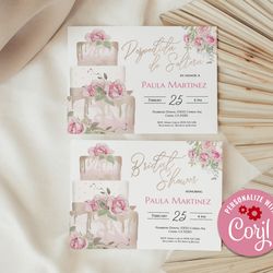 spanish bridal shower invitation, bridal shower invitation, despedida de soltera invitacion, wedding cake editable