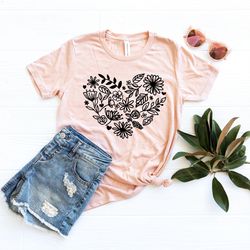 flower shirt, flower heart t-shirt, botanic shirt, wildflowers t-shirts