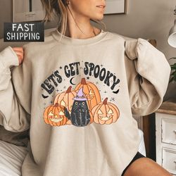 let's get spooky sweatshirt, fall pumpkin sweater for women, halloween cat hoodie, black cat sweatshirt, spooky season