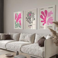 gallery wall art set of 3 prints, matisse print, matisse cutout, matisse set, flower keith haring print,  gallery wall b