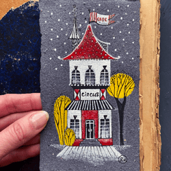 circus cafe painting original art mini artwork on handmade recycled paper by rubinova