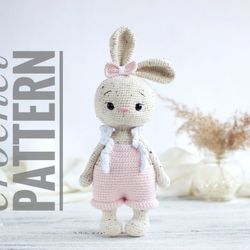 bunny crochet pattern in english. bunny toy in pink overalls. bunny amigurumi pdf pattern, diy crochet cute bunny