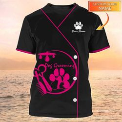 custom pet groomer t-shirt: personalized pink salon uniform with 3d design & name