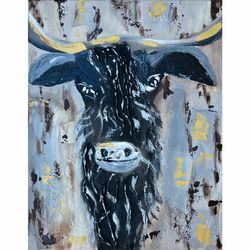 Bull Painting Cow Wall Art Original Canvas 3d Impasto Oil Gold Gray Artwork Abstract Western Cow Painting Modern Art Tex