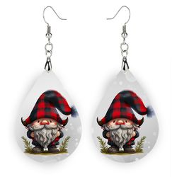 Red Buffalo Plaid Gnome Earrings - Christmas Earrings - Wooden Dangle Earrings - Holiday Accessories - Red Buffalo Plaid