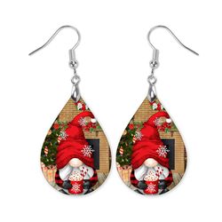 Christmas Tree Earrings, Teardrop Gnome with Red Wine, festive accessory for the holidays, Gnome with Hot Cocoa