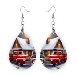 Red Truck Teardrop Earrings - Vintage Red Truck Christmas Tree Holiday Winter Earrings