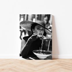 Italian Woman Eating Pasta Black and White Vintage Old Retro Photography Kitchen Diner Wall Art Decor Canvas Frame Print