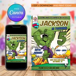 hulk boy birthday invitation, mavel hulk boy any age birthday invitation canva editable instant download.
