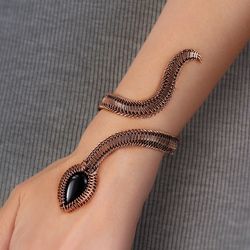 Snake cuff bracelet black onyx Unique copper wire wrapped bangle Egyptian animal Cleopatra style Wearable art jewelry