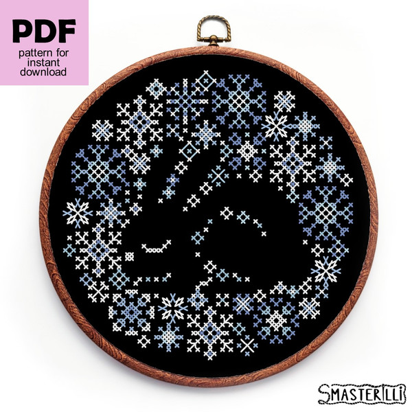 Small christmas cross stitch ornament with bunny and snowflakes 0423 1.JPG