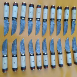 lot of 20 6 inch damascus skinner knives with leather sheaths, anniversary gift