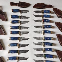 lot of 20 6 inch damascus skinner knives with leather sheaths, anniversary gift