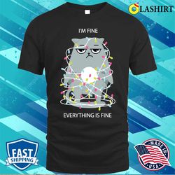 Everything Is Fine Christmas Cat Wrapped In Lights T-shirt - Olashirt