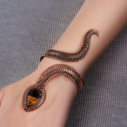 Snake cuff bracelet Tiger eye Unique copper wire wrapped bangle Egyptian animal Cleopatra style Wearable art jewelry