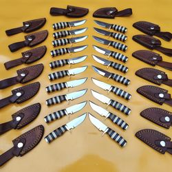 lot of 20 6 inch high carbon steel blade skinner knives with leather sheaths, anniversary gift