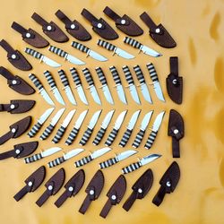 lot of 30, 6 inch high carbon steel blade skinner knives with leather sheaths, anniversary gift