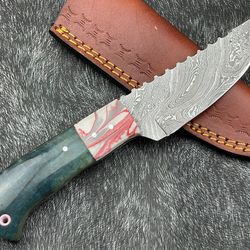 custom handmade damascus steel skinning knife, hunting knife w/leather sheath,