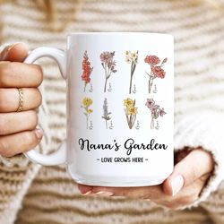personalised birth flowers love grow here mug gifts for her, gifts for nana