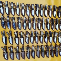 lot of 50, 6 inch high carbon steel blade skinner knives with leather sheaths, anniversary gift