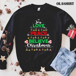 joy love peace believe christmas boys kids girls xmas tree t-shirt - olashirt
